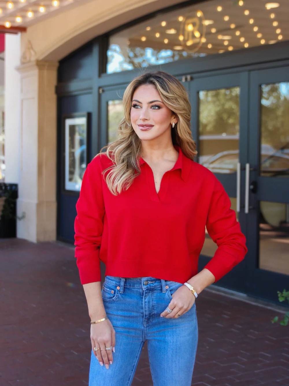 Karlie Solid V Neck Collar Sweater | Red